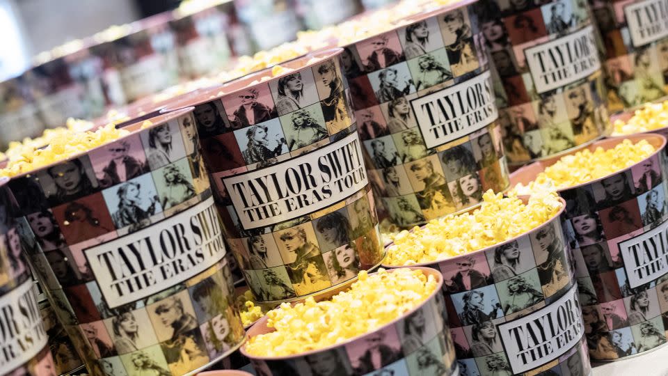Popcorn buckets are pictured during the "Taylor Swift: The Eras Tour" concert movie world premiere at AMC The Grove in Los Angeles in 2023. - Valerice Macon/AFP/Getty Images