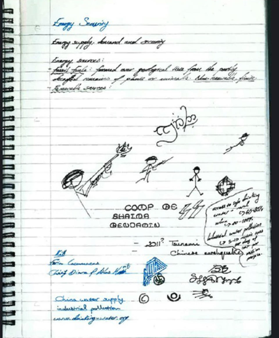 Doodles and notes in one of Hannam's notebooks. (PA)