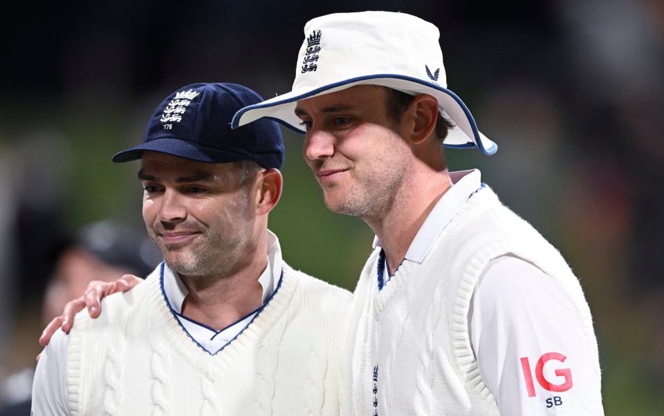 James Anderson, left, and Stuart Broad pose for a photo at stumps on the third day of their cricket test match against New Zealand in Tauranga, New Zealand, Saturday, Feb. 18, 2023 - AP/Andrew Cornaga