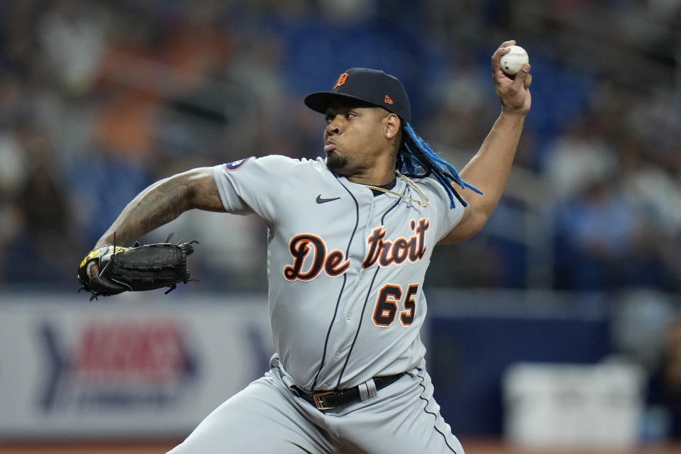 Detroit Tigers' Gregory Soto pitches to the Tampa Bay Rays during the ninth inning of a baseball game Monday, May 16, 2022, in St. Petersburg, Fla. (AP Photo/Chris O'Meara)