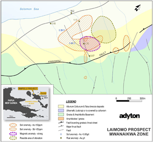 Mwanaikwa zone at Laimomo (see text for description) - dominated by the Kwakwau Fault along the contact between the footwall metamorphics and hanging wall ultra-mafics (Note:  Figure re-drawn from historical 1992 geological report "A Review of the Gold Potential of Fergusson and Goodenough Islands, PNG", McNeil & Associates for Macmin).