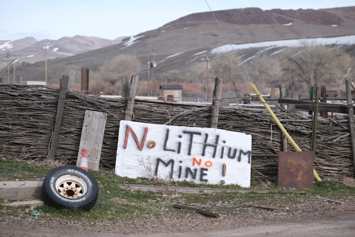 An anti-lithium mine sign made by Fort McDermitt Paiute and Shoshone tribal member Elwood Hinkey for his granddaughter to take to the Protect Thacker Pass protest camp is displayed on his property on the Fort McDermitt Reservation, Nevada, on March 11.