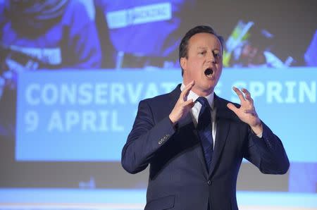 Britain's Prime Minister, David Cameron, addresses the Conservative Spring Forum in central London, Britain April 9, 2016. REUTERS/Kerry Davies/Pool