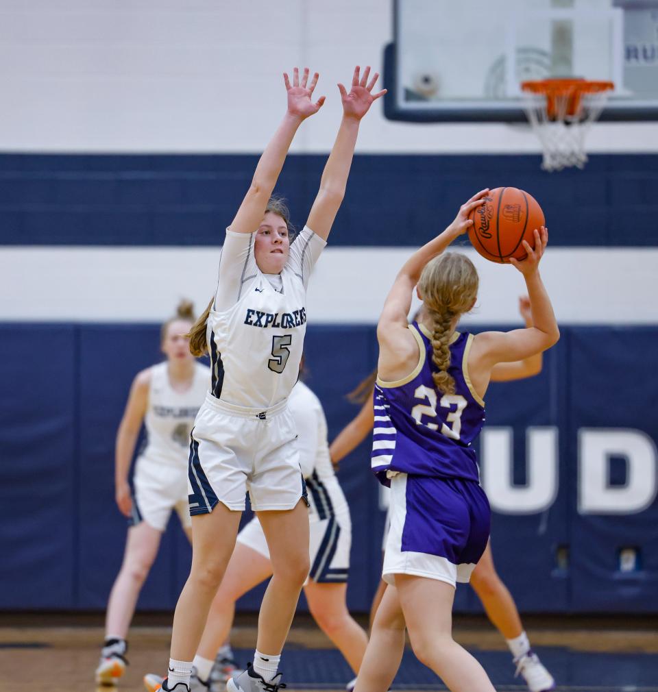 Hudson's Paige Albrecht applies the full-court press during the Explorers' 57-35 home win over the Bears Dec. 1.