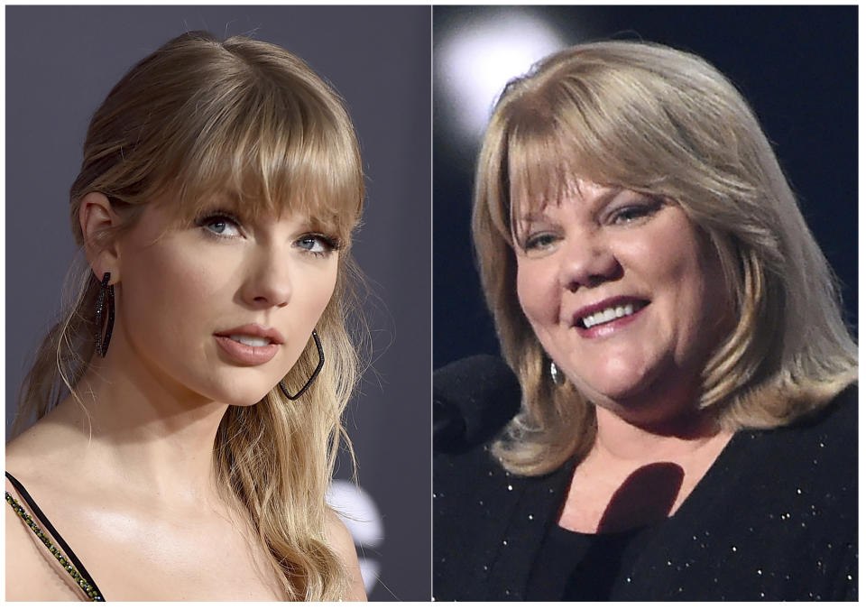 This combination photo shows Taylor Swift at the American Music Awards in Los Angeles on Nov. 24, 2019, left, and Swift's mother Andrea Finlay at the 50th annual Academy of Country Music Awards in Arlington, Texas on April 19, 2015. Swift has revealed in a new interview that her mother has a brain tumor. Swift, who has spoken about her mother's battle with cancer over the years, told Variety in an interview published Tuesday, Jan. 21, 2020, that while her mother was going through treatment, “they found a brain tumor." (AP Photo)