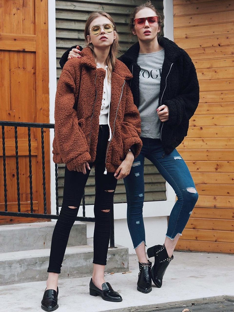 Two models wearing the coat in brown and black