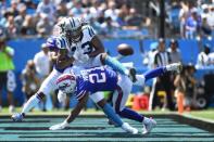 Sep 17, 2017; Charlotte, NC, USA; Buffalo Bills free safety Jordan Poyer (21) breaks up a pass in the end zone intended for Carolina Panthers wide receiver Kelvin Benjamin (13) in the first quarter at Bank of America Stadium. Bob Donnan-USA TODAY Sports