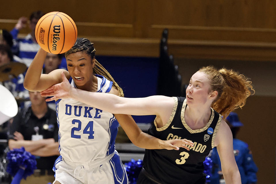 Duke's Reigan Richardson (24) battles for the ball with Colorado's Frida Formann (3) during the first half of a second-round college basketball game in the NCAA Tournament, Monday, March 20, 2023, in Durham, N.C. (AP Photo/Karl B. DeBlaker)