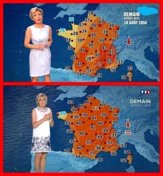 An image comparing the fictionalised 2050 weather with a present day report (TF1/Reddit)