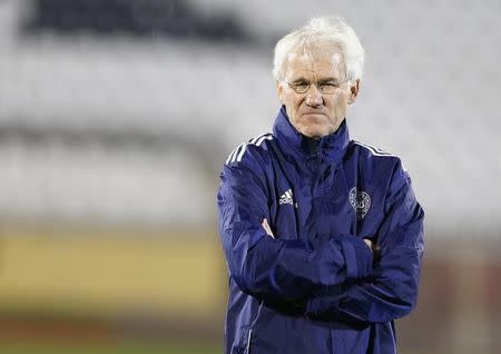 Denmark's coach Morten Olsen attends a training session at Partizan Belgrade stadium in Belgrade, November 13, 2014. REUTERS/Marko Djurica