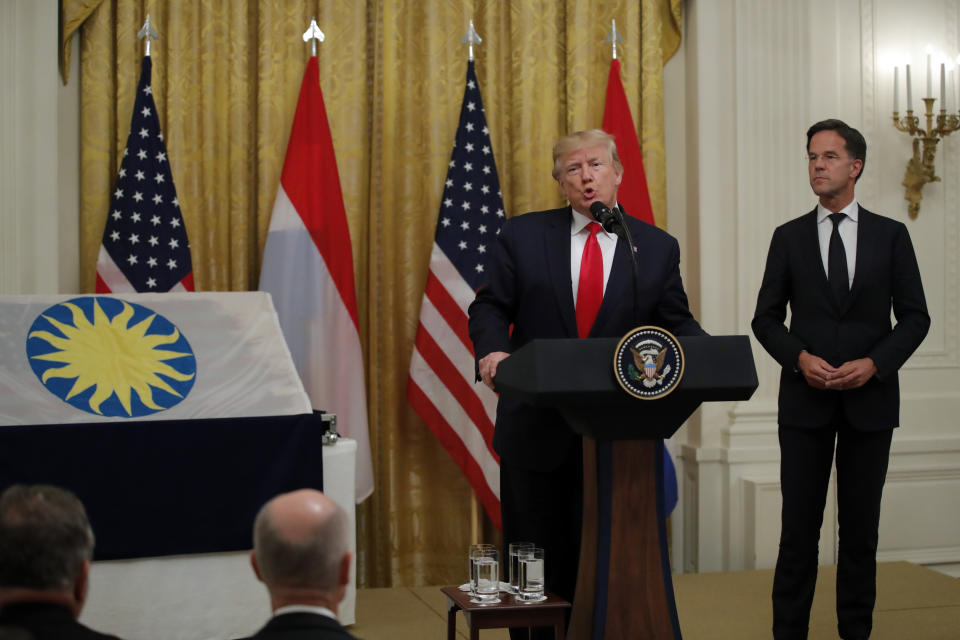 President Donald Trump speaks during a ceremony where Dutch Prime Minister Mark Rutte will present a 48-star flag flown on a U.S. Naval vessel during the D-Day invasion, in the East Room of the White House, Thursday, July 18, 2019, in Washington. The flag will be given to the Smithsonian's National Museum of American History. The vessel was control vessel Landing Craft, Control 60 (LCC 60). (AP Photo/Carolyn Kaster)