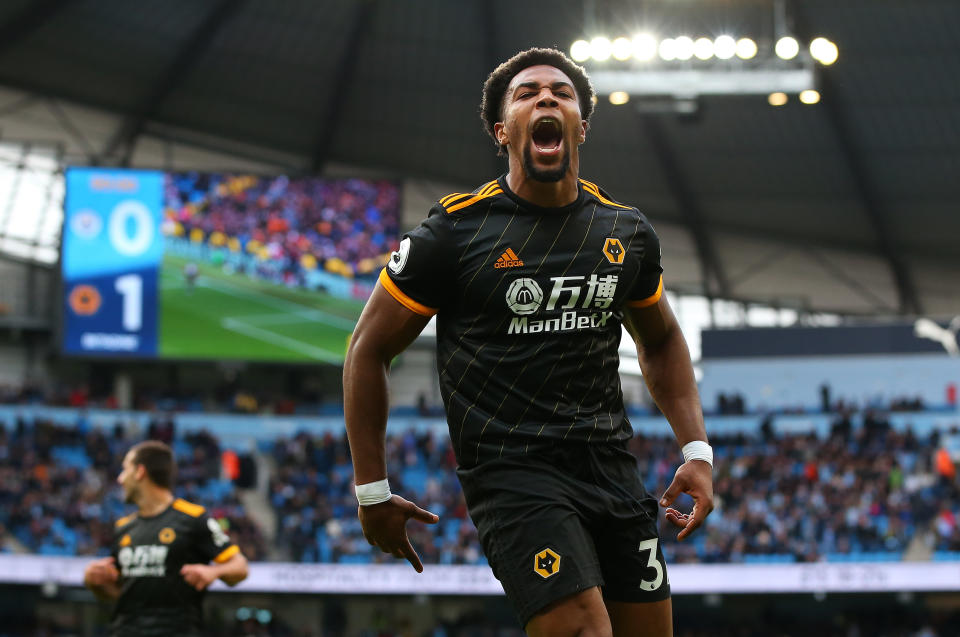 MANCHESTER, ENGLAND - OCTOBER 06:  Adama Traore of Wolverhampton Wanderers celebrates after scoring his team's second goal during the Premier League match between Manchester City and Wolverhampton Wanderers at Etihad Stadium on October 06, 2019 in Manchester, United Kingdom. (Photo by Alex Livesey/Getty Images)