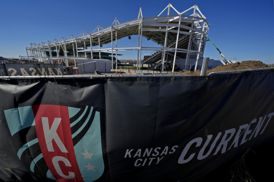 Work continues on a the new Kansas City Current soccer stadium Thursday, Feb. 22, 2024, in Kansas City, Mo. The National Women's Soccer League team will open their season on March 16 in the new stadium which is the first built specifically for a professional woman's soccer team. (AP Photo/Charlie Riedel)