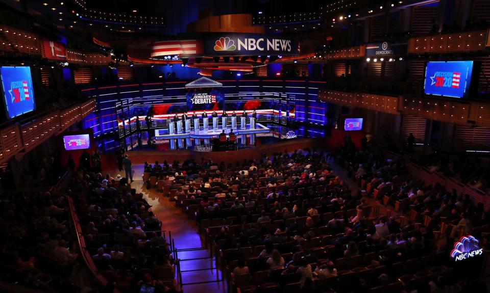 Democratic presidential candidates on stage during a Democratic primary debate hosted by NBC News at the Adrienne Arsht Center for the Performing Arts, Thursday, June 27, 2019, in Miami. | Wilfredo Lee—AP