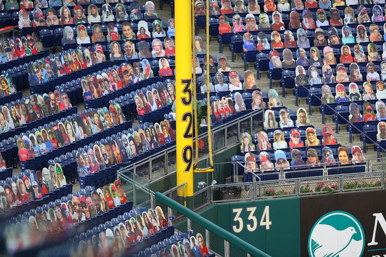 PHILADELPHIA, PA - AUGUST 31:  A general view of the 329Ft sign on the left field foul pole field during the Major League Baseball game between the Philadelphia Phillies and the Washington Nationals on August 31, 2020 at Citizens Bank Park in Philadelphia, PA.  (Photo by Rich Graessle/Icon Sportswire via Getty Images)