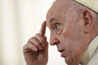 Pope Francis speaks during an interview with The Associated Press at The Vatican, Tuesday, Jan. 24, 2023. Pope Francis on Tuesday, Jan. 24, 2023, said there's a risk that what could be a trailblazing reform process in the German church could become "ideological." (AP Photo/Andrew Medichini)