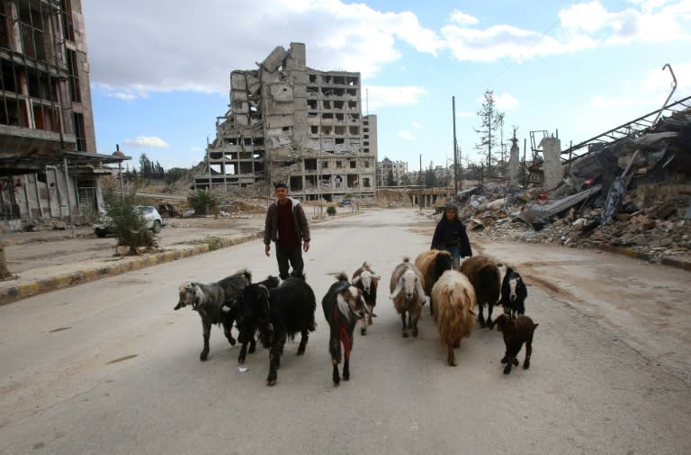 Syrian shepherds walk in the Shihan neighbourhood in the government-held side of Aleppo, on December 3, 2016