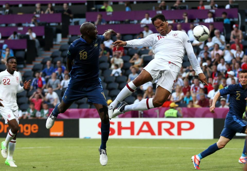 Joleon Lescott of England scores the first goal during the UEFA EURO 2012 group D match between France and England at Donbass Arena on June 11, 2012 in Donetsk, Ukraine.