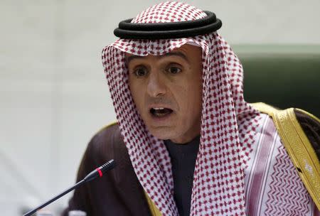 Saudi Arabia's Foreign Minister Adel al-Jubeir speaks during a joint news conference with French Foreign Minister Laurent Fabius, in Riyadh January 19, 2016. REUTERS/Faisal Al Nasser