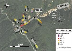 Drill Collar Location Map for the Camp Creek Target with Copper Equivalent Values.