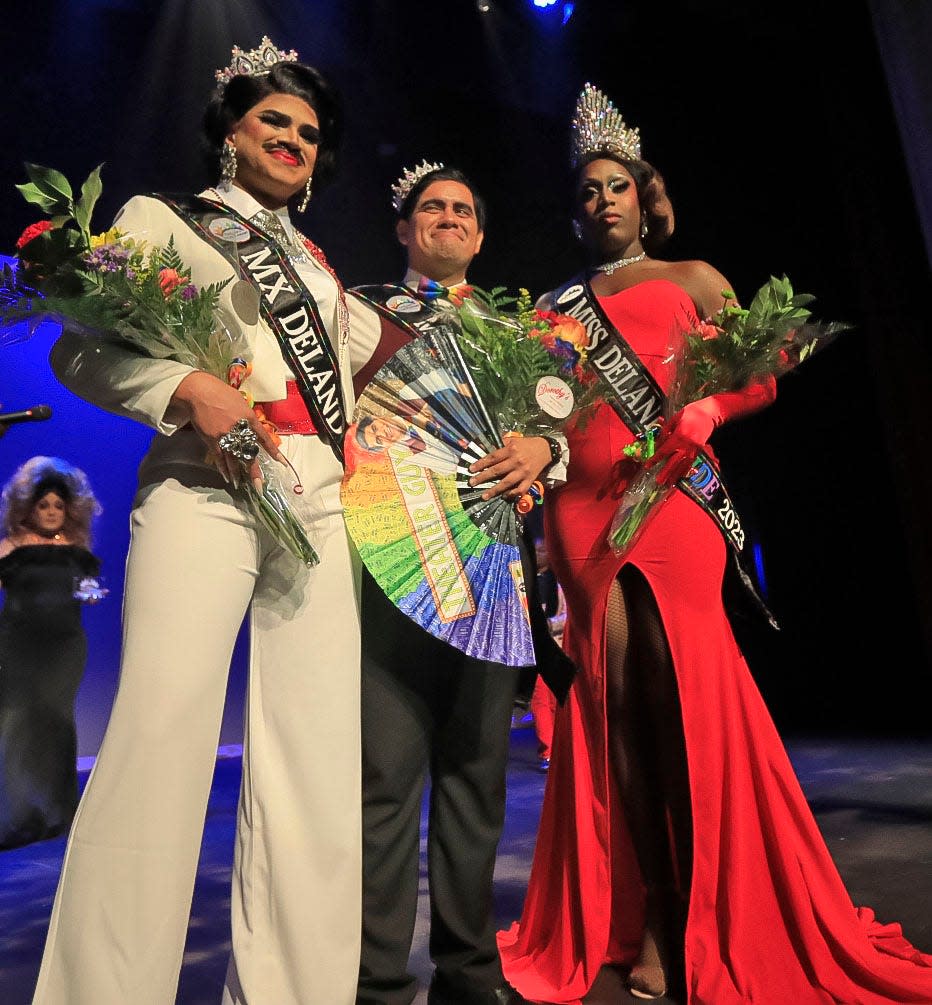 Three new people were crowned Thursday, June 1, as the winners of the annual DeLand Pride Pageant. From left, Señor Rita took home the Mx crown while Theater Guy, center, and Black Magix Royal will serve as the Mister and Miss DeLand Pride representatives.