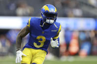 Los Angeles Rams' Odell Beckham Jr. warms up before the NFC Championship NFL football game against the San Francisco 49ers Sunday, Jan. 30, 2022, in Inglewood, Calif. (AP Photo/Jed Jacobsohn)