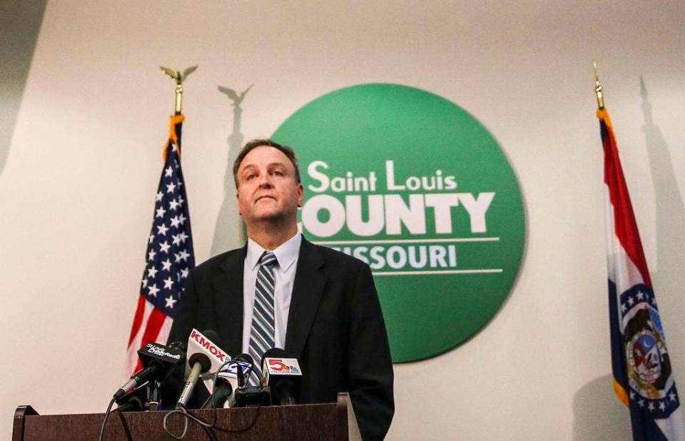 St. Louis County Executive Sam Page speaks during a news conference at the Office of Emergency Management in Baldwin, Mo.