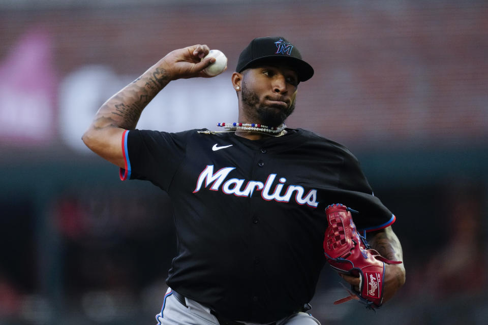 Miami Marlins starting pitcher Sixto Sánchez works against the Atlanta Braves in the second inning of a baseball game Wednesday, April 24, 2024, in Atlanta. (AP Photo/John Bazemore)