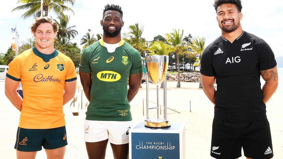 Michael Hooper, Siya Kolisi and Ardie Savea, pictured here with the Rugby Championship trophy.