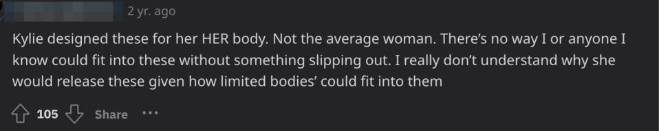 Screenshot of a comment criticizing Kylie Jenner's clothing design for not fitting average body types