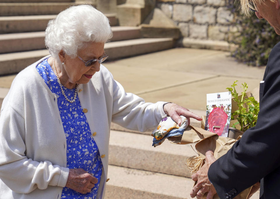 Britain's Queen Elizabeth II receives a Duke of Edinburgh rose, given to her by Keith Weed, President of the Royal Horticultural Society, at Windsor Castle, England, Wednesday, June 9, 2021. The newly bred deep pink commemorative rose has officially been named in memory of the late Prince Philip Duke of Edinburgh. A royalty from the sale of each rose will go to The Duke of Edinburgh's Award Living Legacy Fund to support young people taking part in the Duke of Edinburgh Award scheme. (Steve Parsons/Pool via AP)