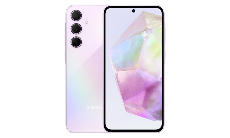 El Samsung Galaxy A35 sobre un fondo blanco liso.  El teléfono tiene un fondo de pantalla y parte trasera de color rosa.