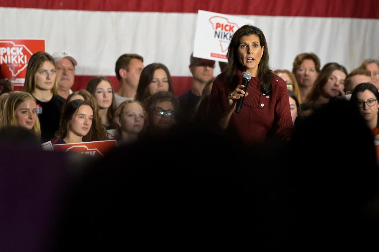 Republican presidential candidate and former UN Ambassador Nikki Haley speaks at a campaign event in Mauldin, S.C., Saturday, Jan. 27, 2024.
