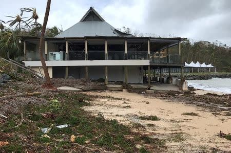 Damaged buildings can be seen after Cyclone Debbie hit the resort on Hamilton Island, located off the east coast of Queensland in Australia March 29, 2017. Jon Clements/Handout via REUTERS