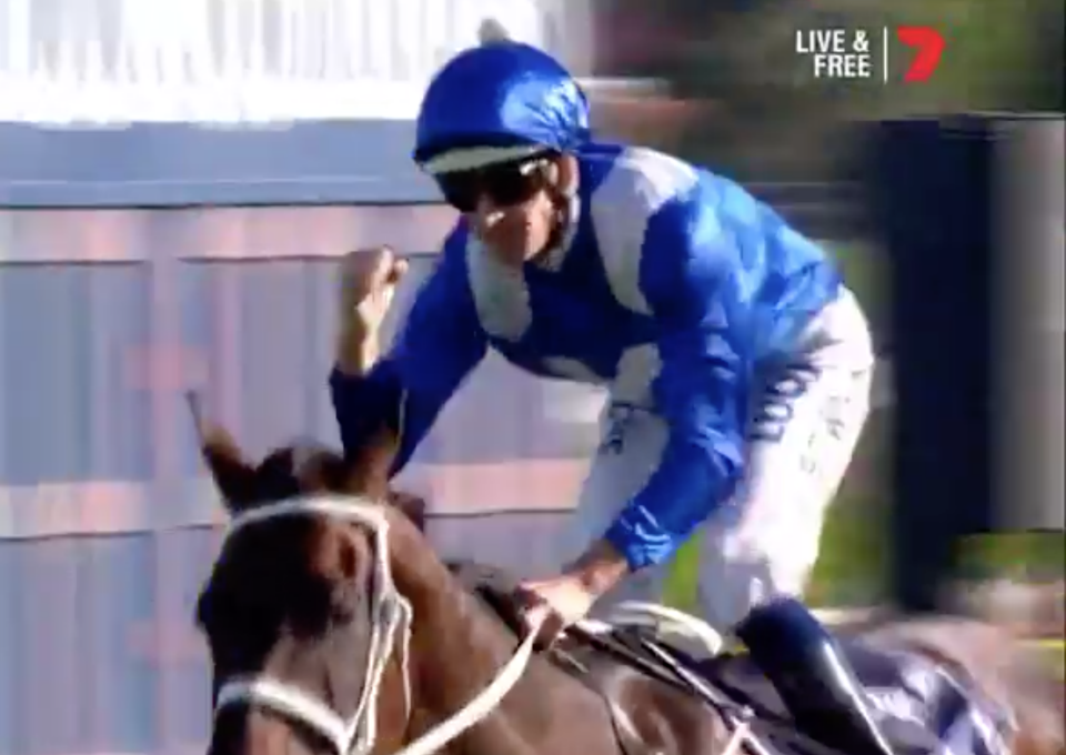 Hugh Bowman celebrates as Winx wins it. Pic: Ch 7