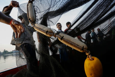 Fishermen pull a net after downloading their catch at Samut Sakhon port in Thailand November 22, 2016. Picture taken November 22, 2016. REUTERS/Jorge Silva