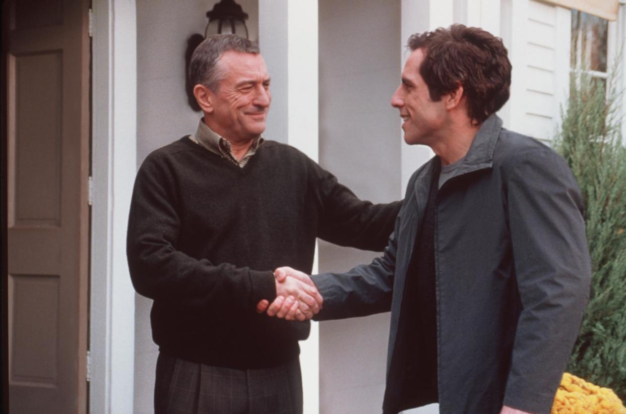 378942 04: Actor Ben Stiller (R) "Greg Focker" meets his girlfriend''s father Robert De Niro (L) "Jack Byrnes" in Universal Pictures "Meet the Parents." (Photo by Phillip V. Caruso/Universal Studios and Dreamworks LLC/Delivered by Online USA)