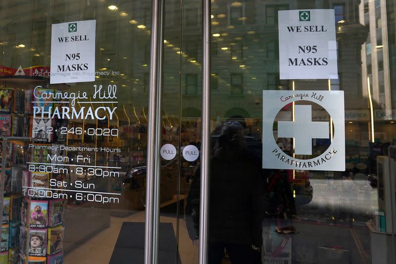 A pharmacy with N95 face masks for sale is pictured in advance of the potential coronavirus outbreak in the Manhattan borough of New York City