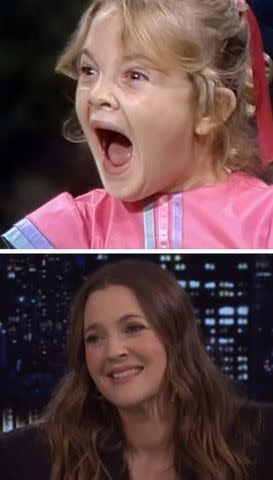 <p>jimmy fallon show/instagram</p> Drew Barrymore reacts to video of her screaming on 'The Tonight Show' at age 7