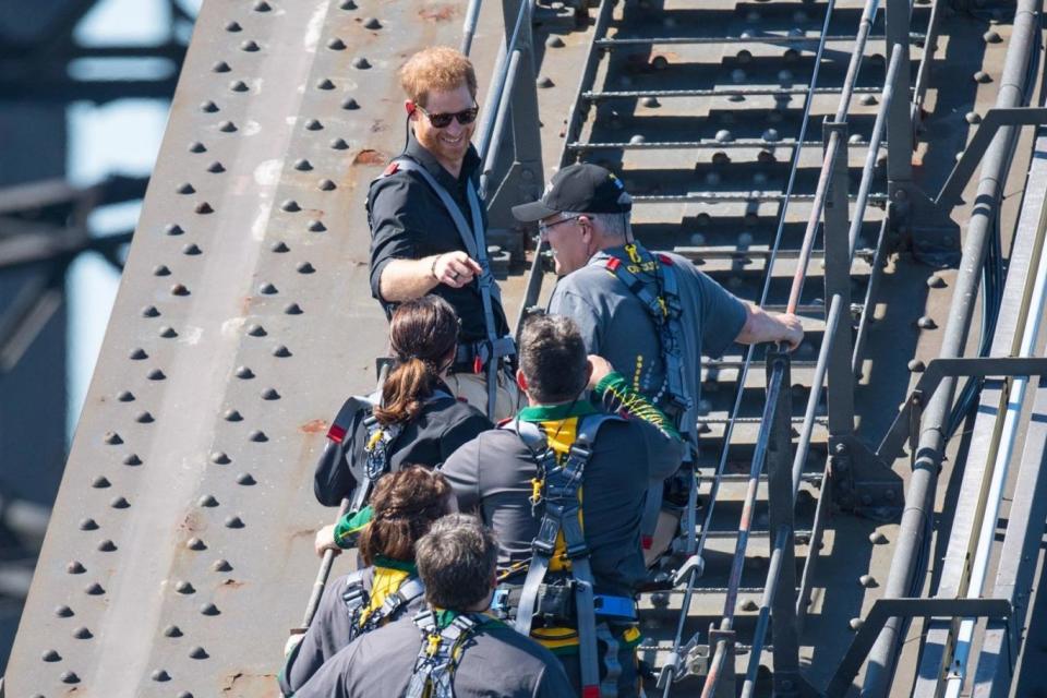 The Duke of Sussex climbs the Sydney Harbour Bridge with Prime Minister of Australia Scott Morrison (PA)