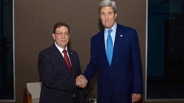 Presidents Barack Obama and Raul Castro have made history – shaking hands in a symbolically charged gesture as they seek to restore ties after decades of hostility between the US and Cuba. Their first formal face to face came at the start of the Summit of the Americas in Panama, dominated by the rapprochement between the Cold War enemies. The US leader, not even born at the time of Cuba’s revolution, said his country no longer seeks to impose its will on Latin America. “We are respectful of the differences among our countries,” Obama said, just before the summit got underway. “The days in which our agenda in this hemisphere so often presumed that the United States could meddle with impunity, those days are past.” On relations with Havana, Obama said:“The United States begins a new chapter in our relationship with Cuba. We hope it will create an environment that improves the lives of the Cuban people.” Obama and Castro are expected to meet again on Saturday and talk about their efforts to restore full diplomatic relations and boost trade and travel between the two countries. The US looks close to removing Cuba from a list of countries it says sponsor terrorism. Doing so would clear a major obstacle in the effort to restore diplomatic relations between Washington and Havana, paving the way for the reopening of embassies that have been shut for 54 years. But there is no reconciliation in sight with communist-run Cuba’s closest ally Venezuela. Its president Nicolas Maduro took a swipe at Washington on his arrival for the summit by visiting a monument to victims of the US invasion of Panama in 1989.