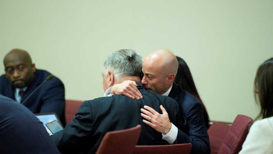 Attorney Luke Nikas embraces actor Alec Baldwin during his trial on involuntary manslaughter at Santa Fe County District Court in Santa Fe, New Mexico, on July 12, 2024. - Ramsay de Give/Pool/AFP/Getty Images