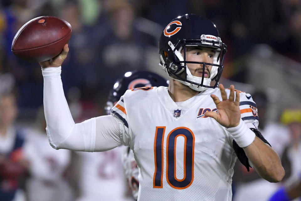 Chicago Bears quarterback Mitchell Trubisky passes against the Los Angeles Rams during the first half of an NFL football game Sunday, Nov. 17, 2019, in Los Angeles. (AP Photo/Mark J. Terrill)