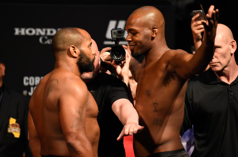 Daniel Cormier (L) and Jon Jones face off during the UFC 214 weigh-in inside the Honda Center on July 28, 2017 in Anaheim, California. (Getty Images)