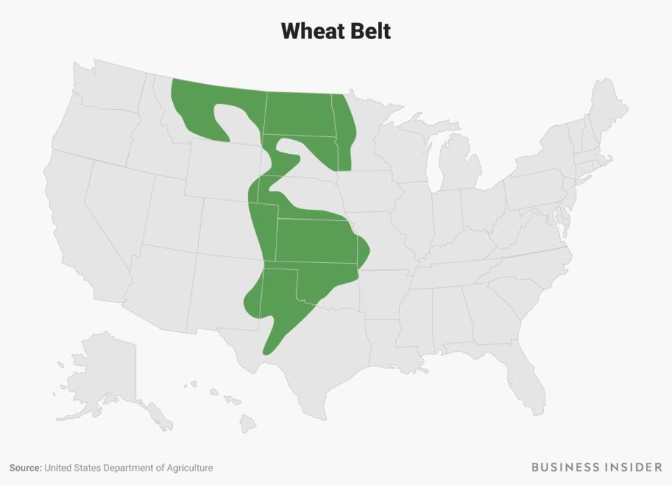 The Wheat Belt region is highlighted in green on a US map.