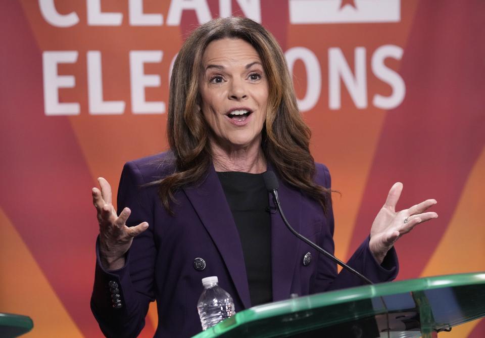 Congressional District 1 candidate Marlene Galán-Woods gives an opening statement while debating fellow Democratic candidates at BitFire Studio in Phoenix on May 15, 2024.