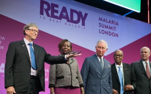 Bill Gates shows off a drone to Louise Mushikiwabo, Rwandan foreign minister; the Prince of Wales; Barnabas Sibusiso Dlamini, prime minister of Swaziland; and the Duke of York - Credit: Dave Bird/MNM UK