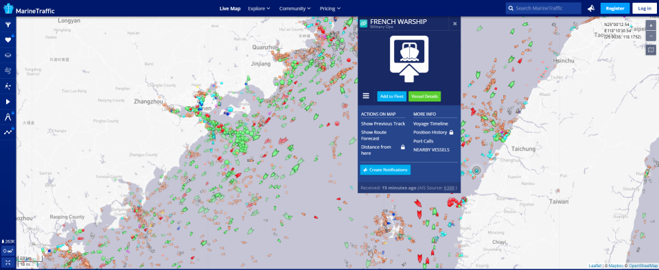 在網路上仍可看到，彰化外海有一艘法籍船艦停泊。（擷取自marinetraffic.com）