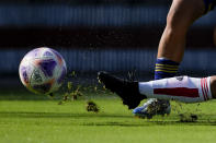 River Plate's Victoria Sosa kicks the ball during a women's professional soccer match against Boca Juniors in Ezeiza on the outskirts of Buenos Aires, Argentina, Sunday, March 10, 2024. A growing group of foreigners are joining the Argentinian league as it seeks to boost its recently turned professional women's soccer teams. (AP Photo/Natacha Pisarenko)