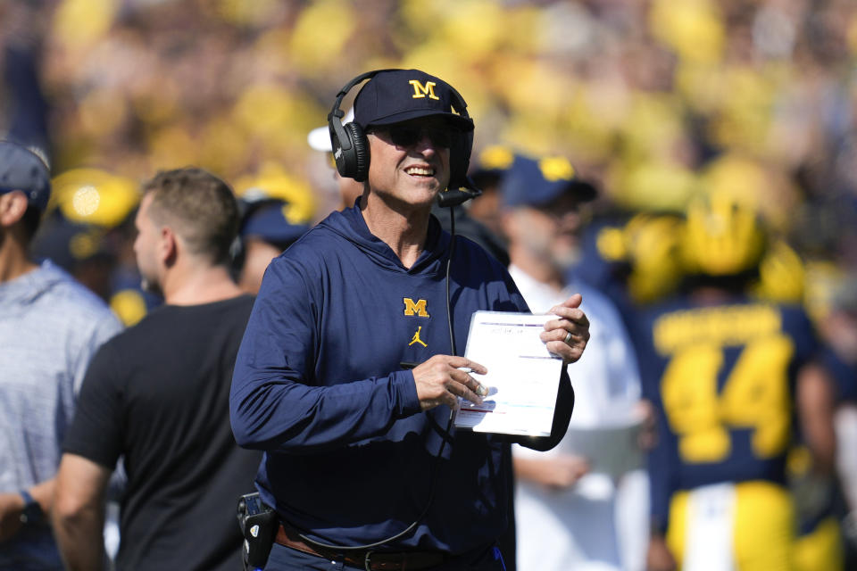 Michigan head coach Jim Harbaugh watches against Rutgers in the second half of an NCAA college football game in Ann Arbor, Mich., Saturday, Sept. 23, 2023. (AP Photo/Paul Sancya)